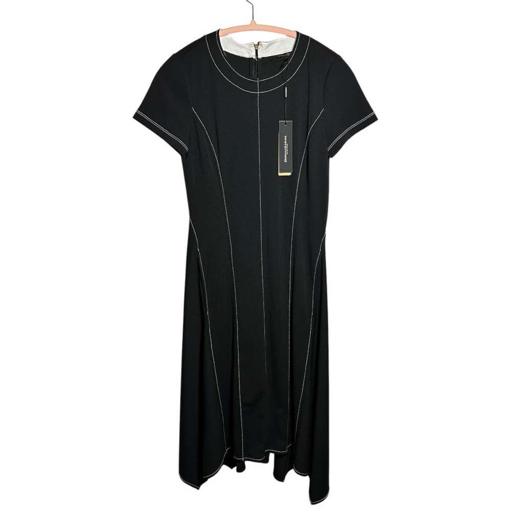 Donna Karan Designer Icon Short Sleeve Retro Modern Stitch Dress Black XS NWT